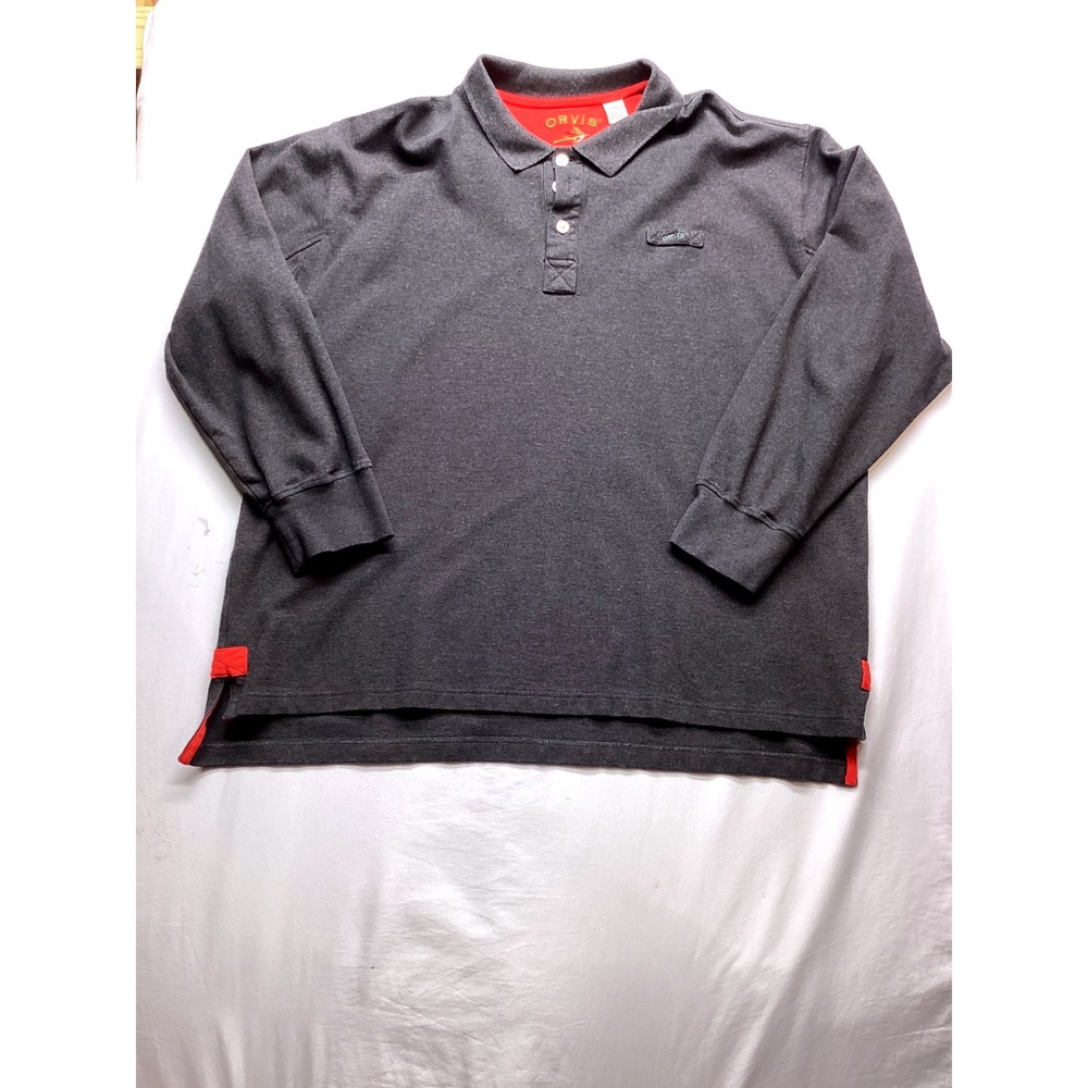 Orvis Mens XXL Long Sleeve Polo Shirt Gray Cotton Pique Red Contrast Trim 1102